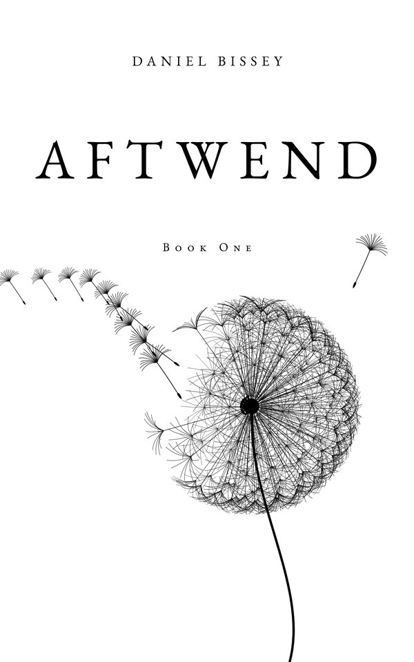 The cover of Aftwend, Book One: a dandelion clock on white, its seeds blowing away.
